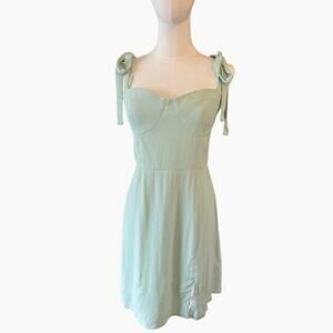 WAYF Mint Green Tie-Strap Mini Dress Smocked Back Crepe Fabric Size M Feminine